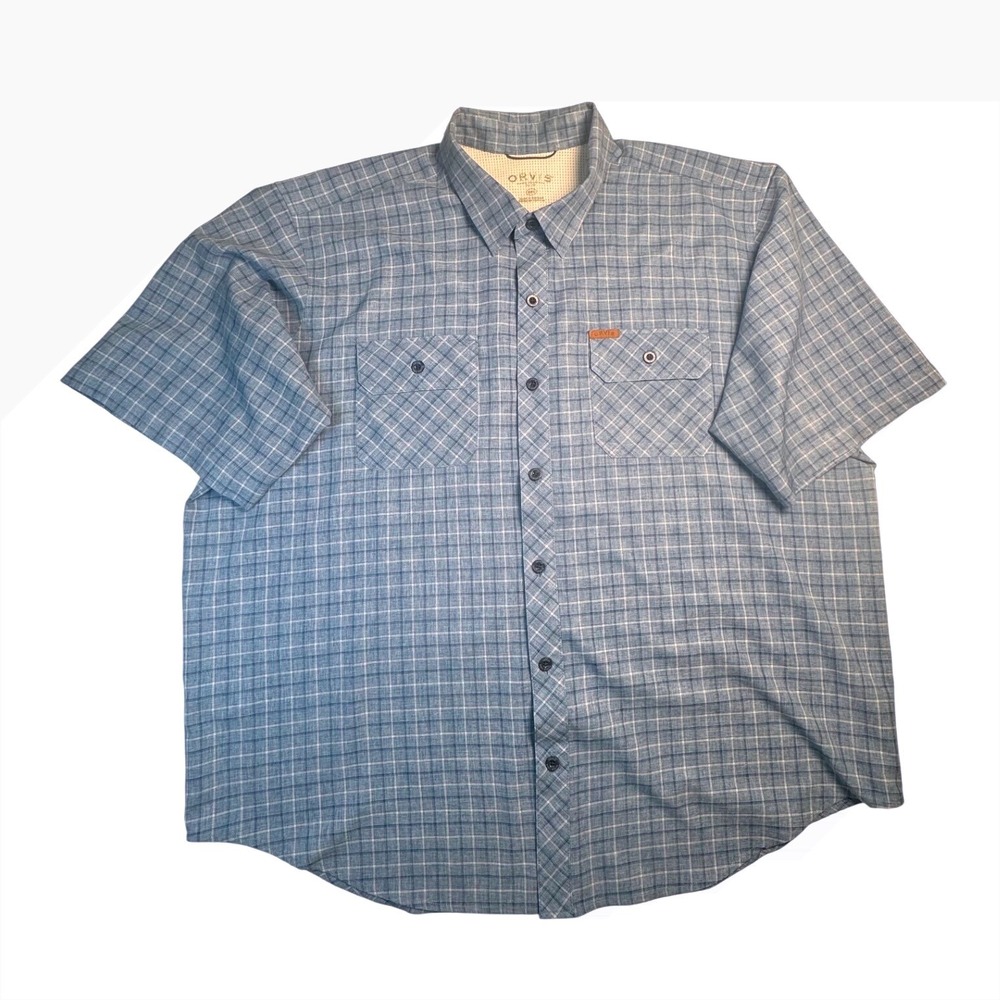 Orvis Mens 2XL Blue Plaid Fishing Shirt‎ Vented Short Sleeve Performance